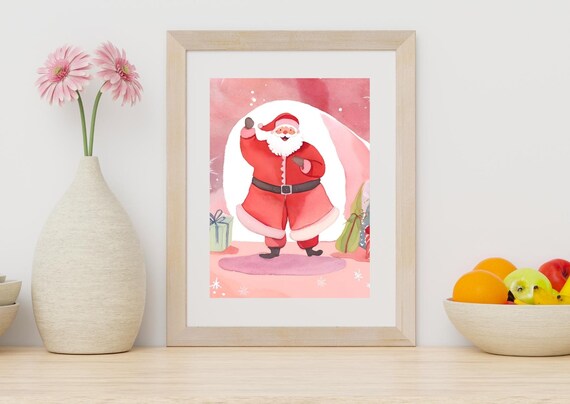 Cheerful Santa Claus Pink Watercolor Dancing Christmas Nursery Poster