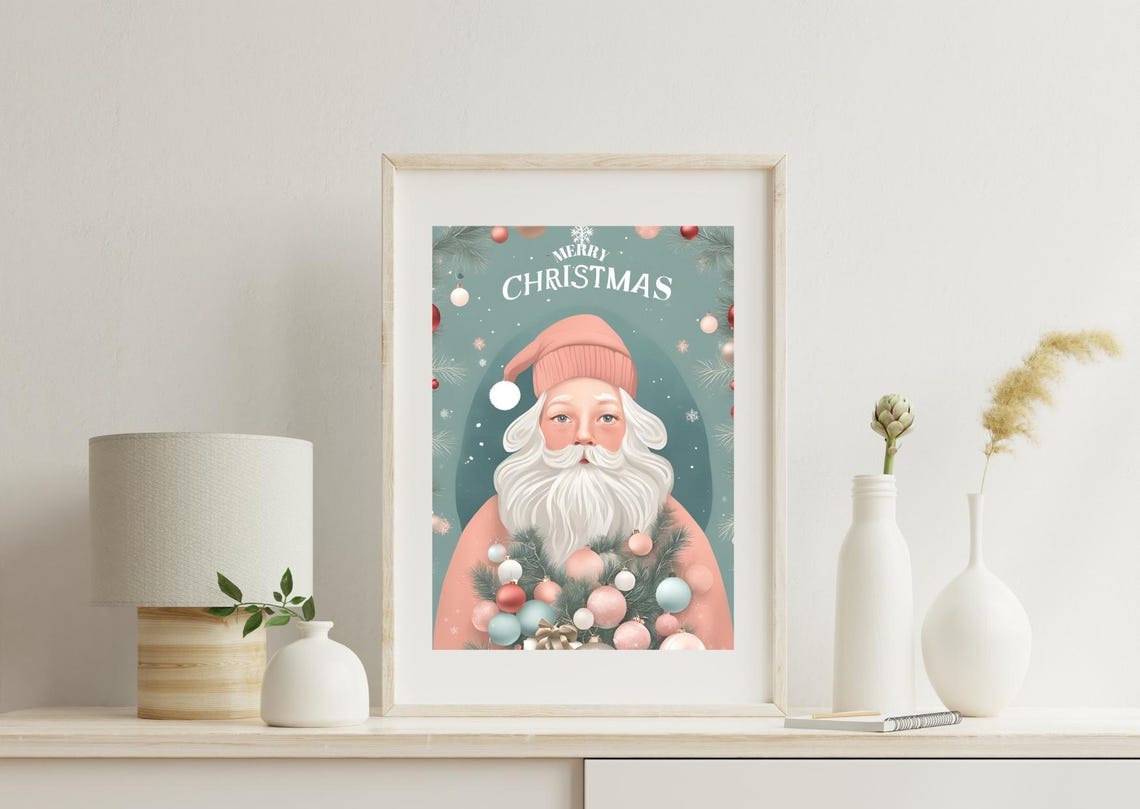 Merry Christmas Santa Portrait Pastel Pink Holiday Nursery Wall Art