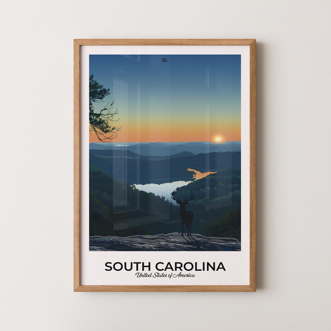 South Carolina Buck Silhouette Golden Sunset Lake View Poster