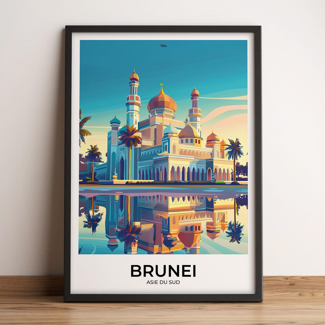 Brunei Grand Mosque Golden Domes Vintage Travel Poster Artwork