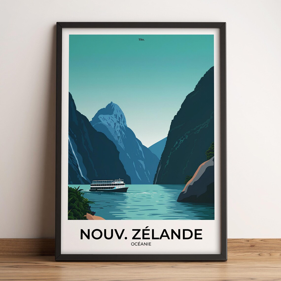 New Zealand Fjord Cruise Ship Mountain Waters Vintage Poster