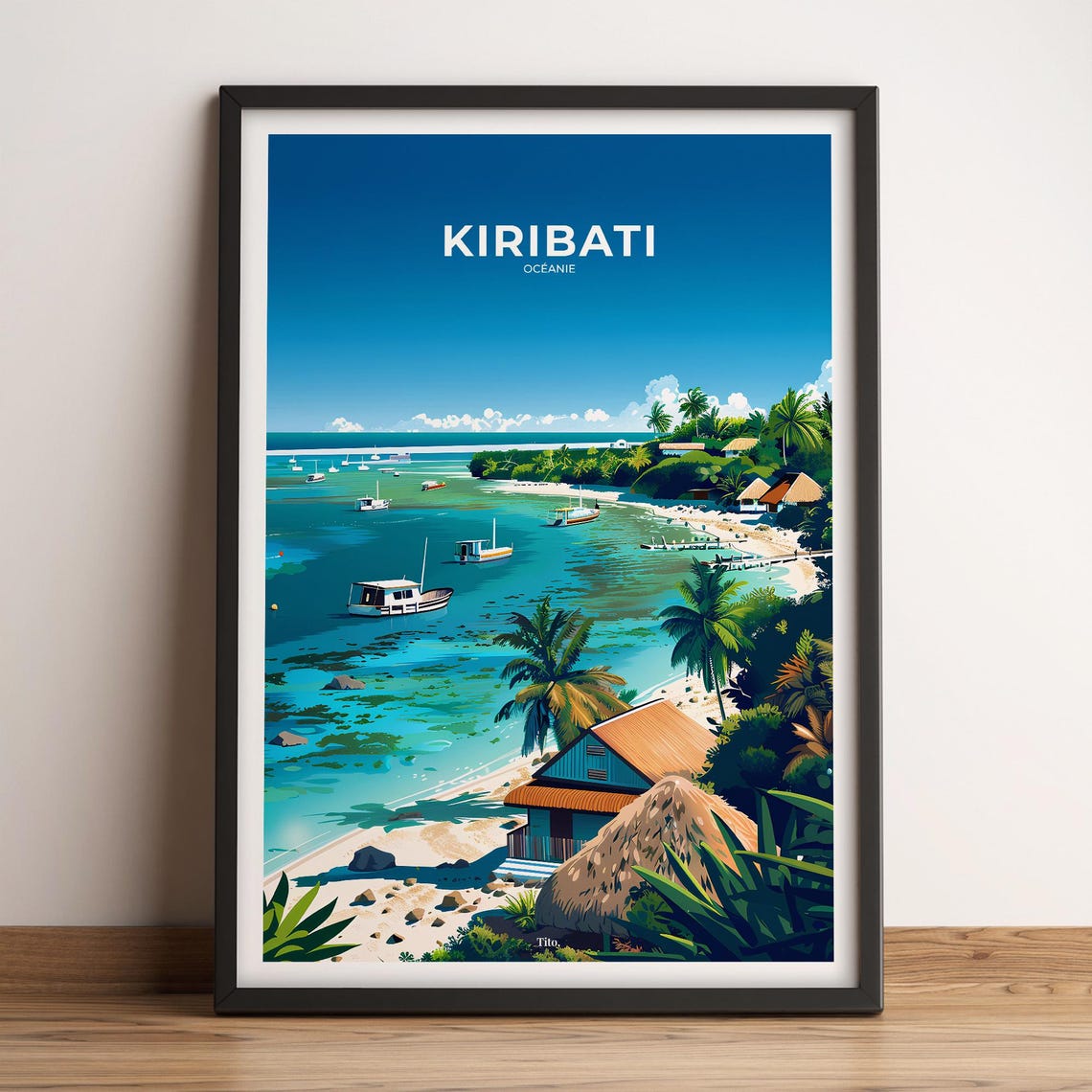 Kiribati Pacific Atoll Beach Huts Turquoise Water Travel Poster
