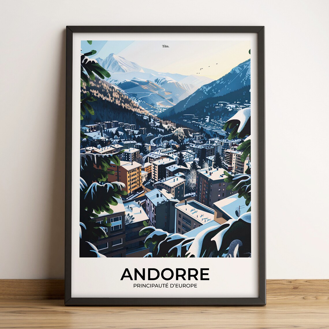 Andorra Europe Snowy Mountain Town Pine Branch Travel Poster
