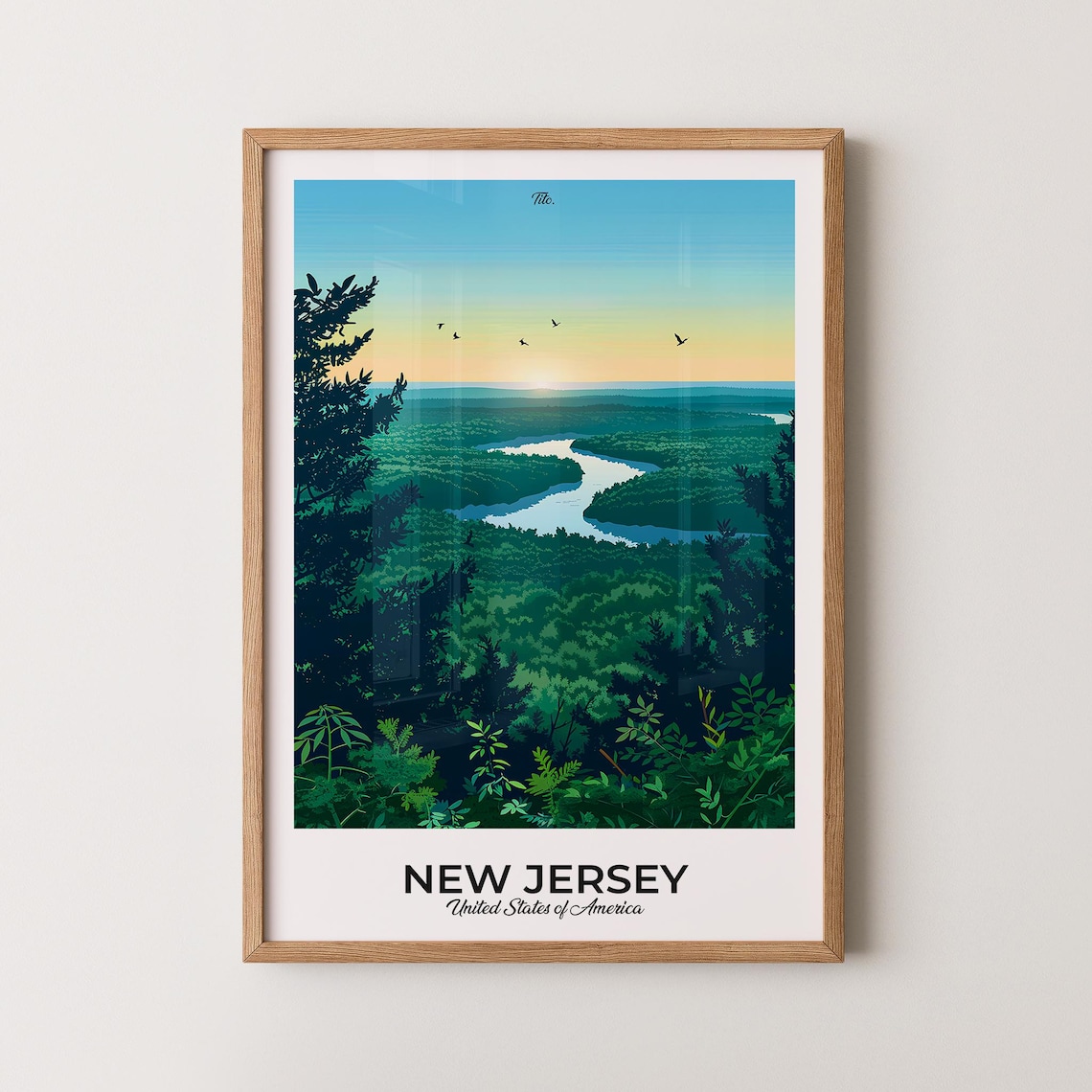 New Jersey Forest River Sunrise Minimal Caption Travel Poster
