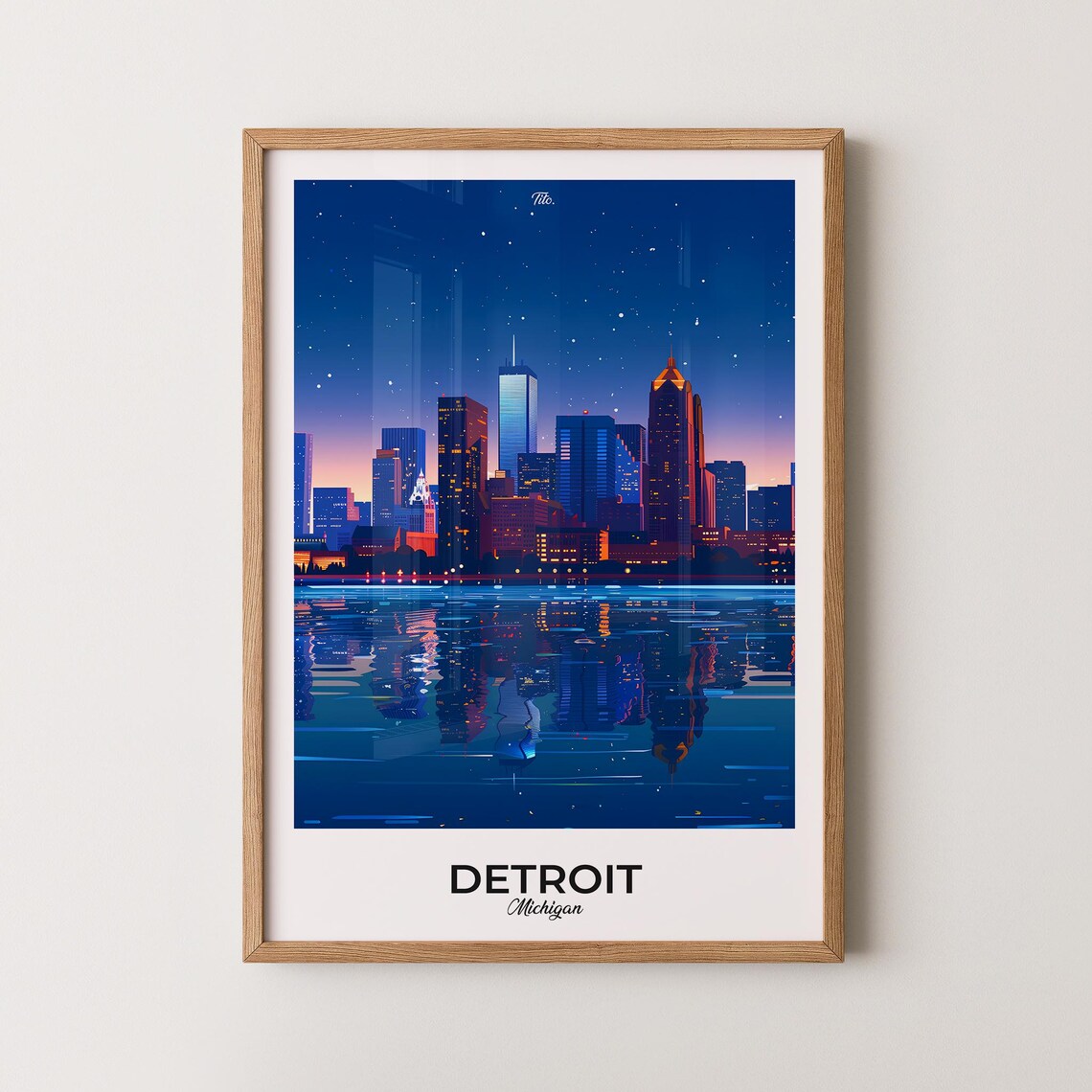 Detroit Michigan Starry Night Cityscape Waterfront Art Poster