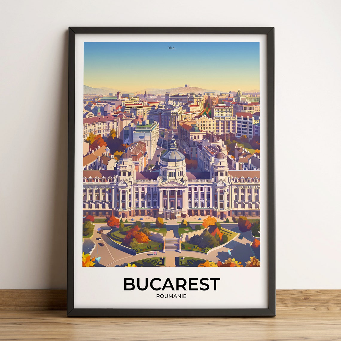 Bucharest Romania Grand Palace Sunset Cityscape Travel Poster