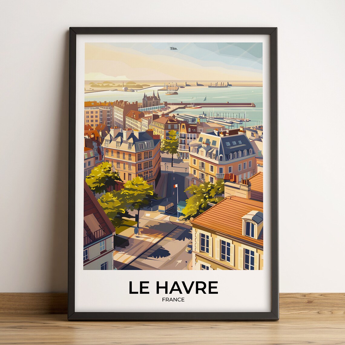 Le Havre France Sunny Old Town Aerial Harbor View Vintage Poster