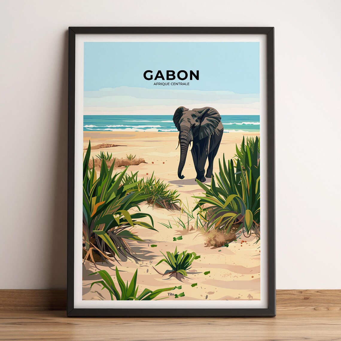 Gabon Elephant Tropical Beach Ocean Safari Vintage Travel Poster