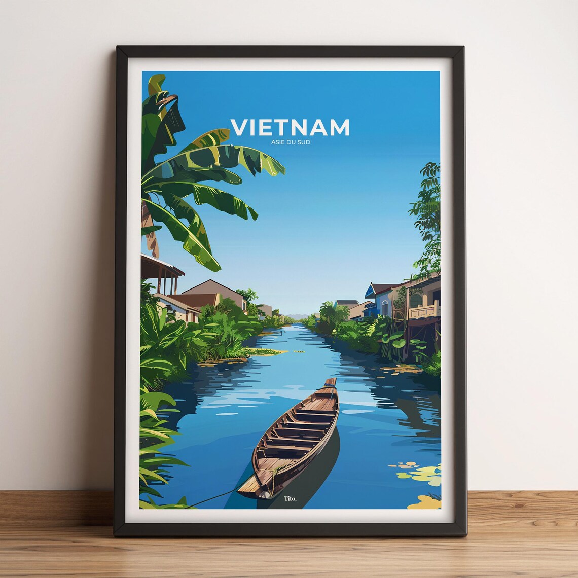 Vietnam Southeast Asia Tropical River Wooden Boat Scene Travel Poster