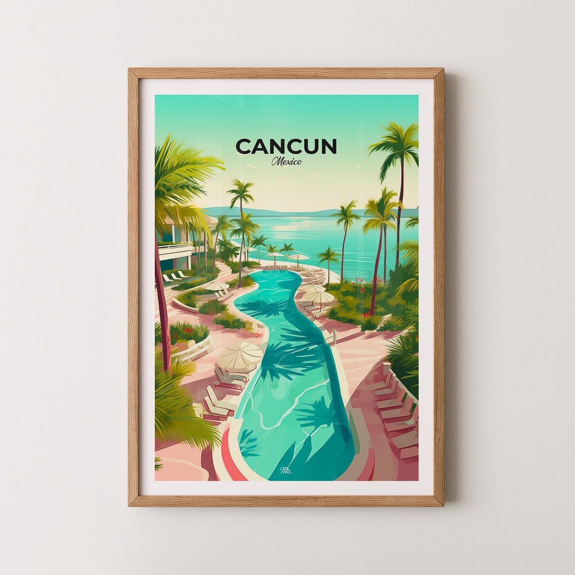 Cancun Mexico Resort Pool Palm Trees Beach Vacation Travel Poster