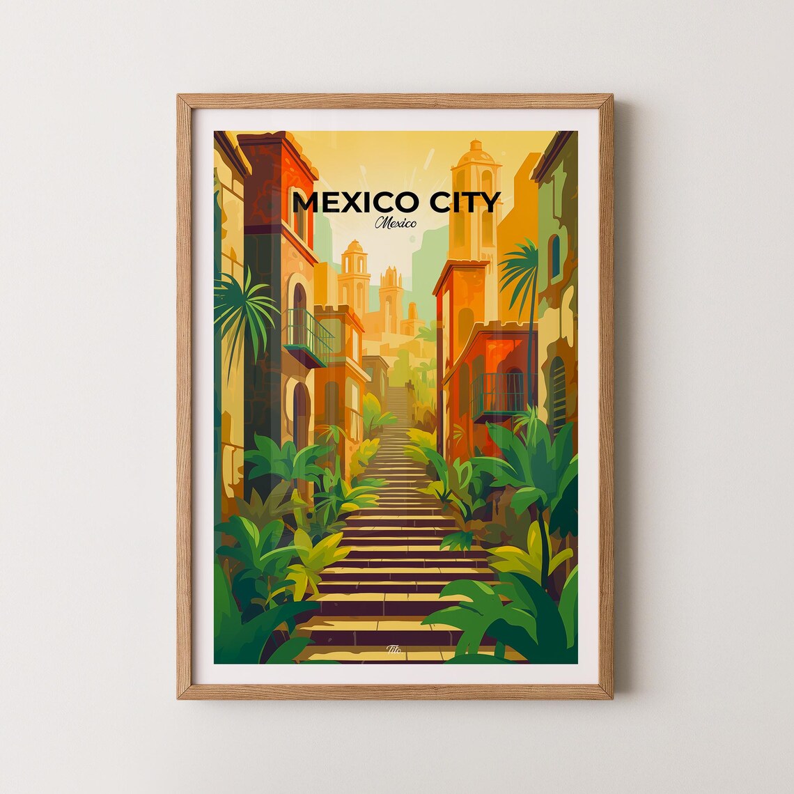Mexico City Colonial Stairway Street Cathedral Travel Poster