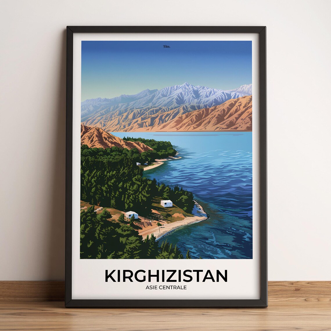 Kyrgyzstan Mountain Lake Pine Shores Alpine Retro Travel Poster
