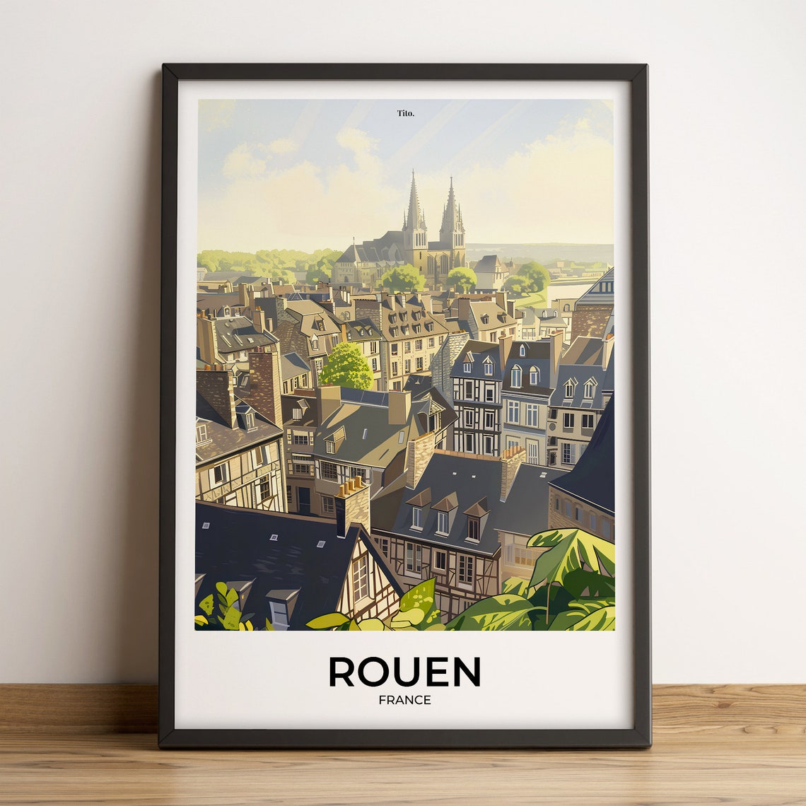 Rouen France Old Town Cathedral Rooftops Vintage Travel Poster