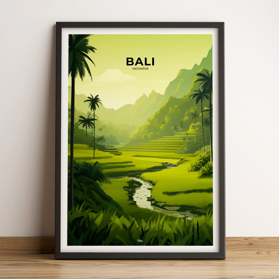 Bali Indonesia Rice Terraces Palm Valley Green Travel Poster