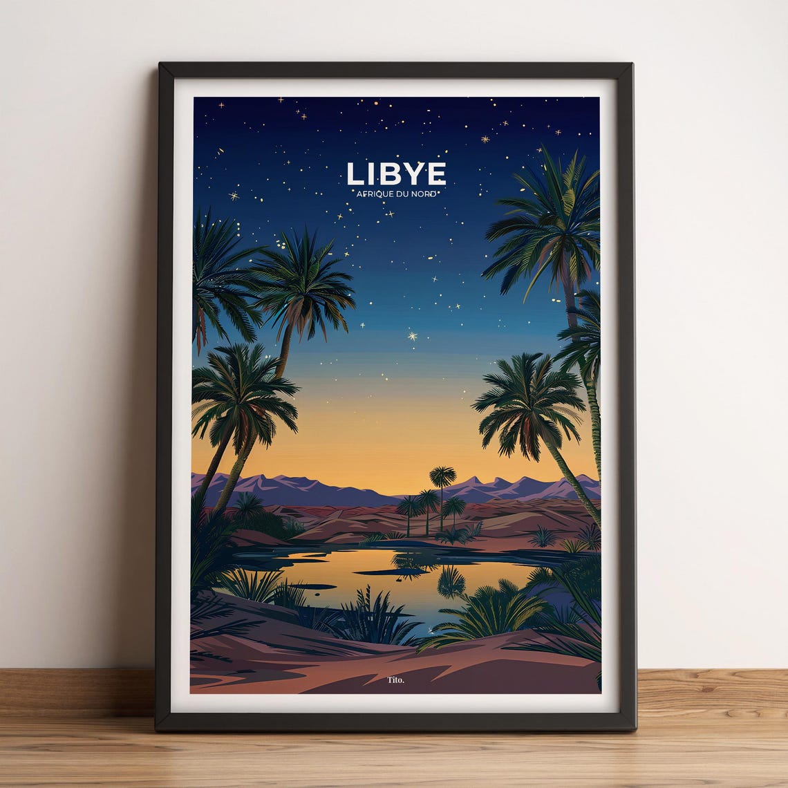 Libya Starry Night Palm Oasis Sahara Desert Vintage Travel Poster
