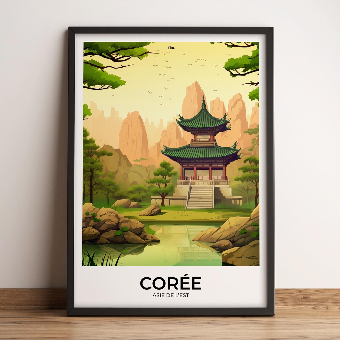 Korea Traditional Pagoda Lake Garden Vintage Travel Poster Art
