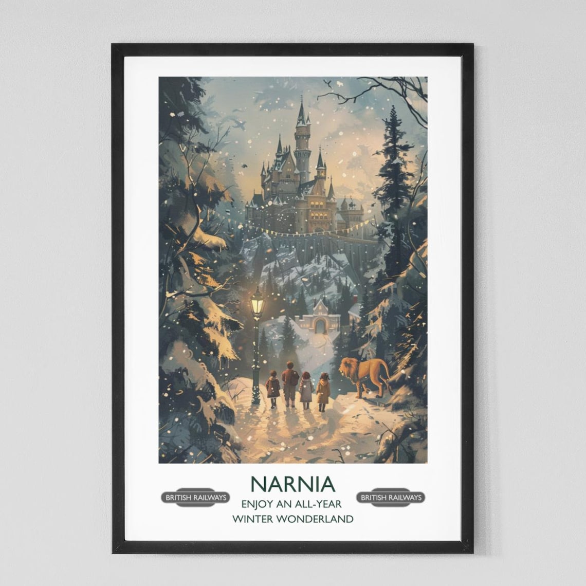 Narnia Winter Wonderland Snowy Castle Lion Lamppost Fantasy Poster