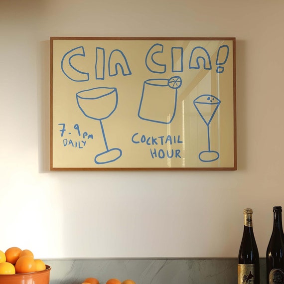 Bar Cart Print Cin Cin Poster Trendy Horizontal Wall Art Retro Bar Cart Decor Trendy Kitchen Poster Vintage Drinks Poster Wall Art