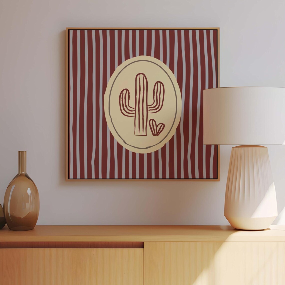 Retro Saguaro Cactus Oval Medallion Wall Art Red Striped Boho Decor