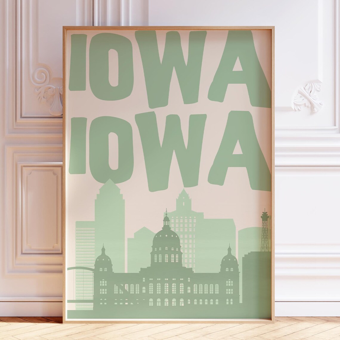 Iowa Green Typography Skyline Poster Des Moines Capitol Building Silhouette
