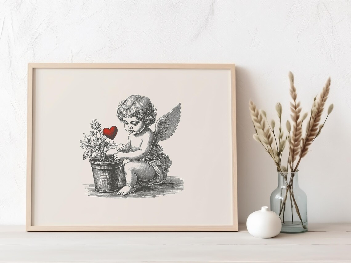 Vintage Cherub Planting Red Heart Flower Romantic Valentine Wall Art - Image 5