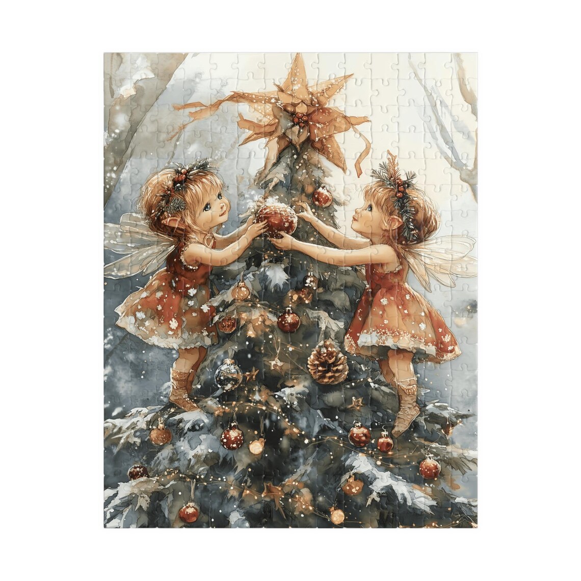 Two Fairies Decorating Christmas Tree Snowy Forest Watercolor Poster - Image 5
