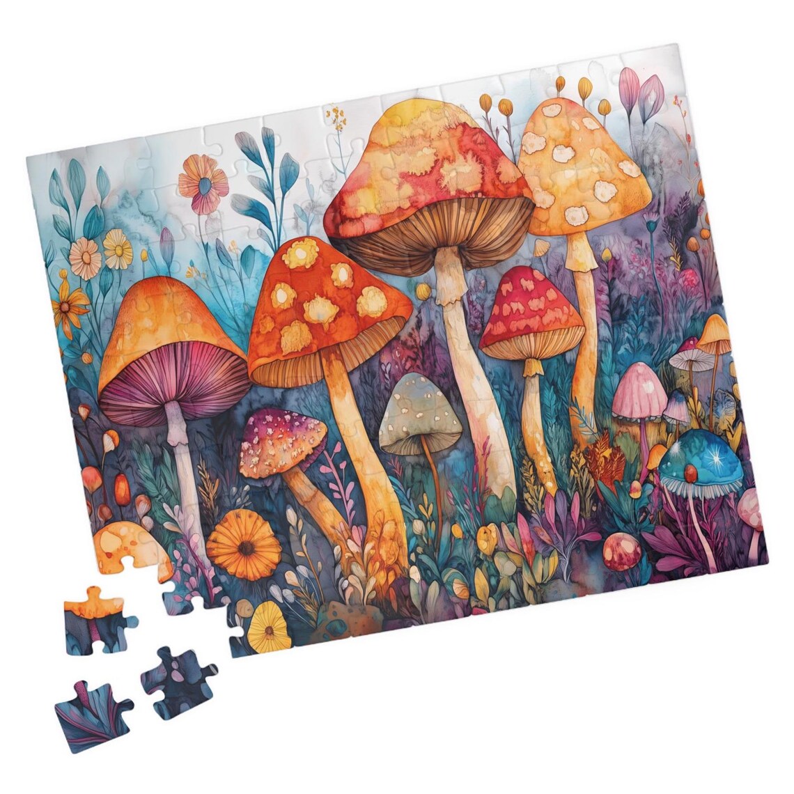 Colorful Watercolor Mushrooms in a Blooming Flower Garden Art Print