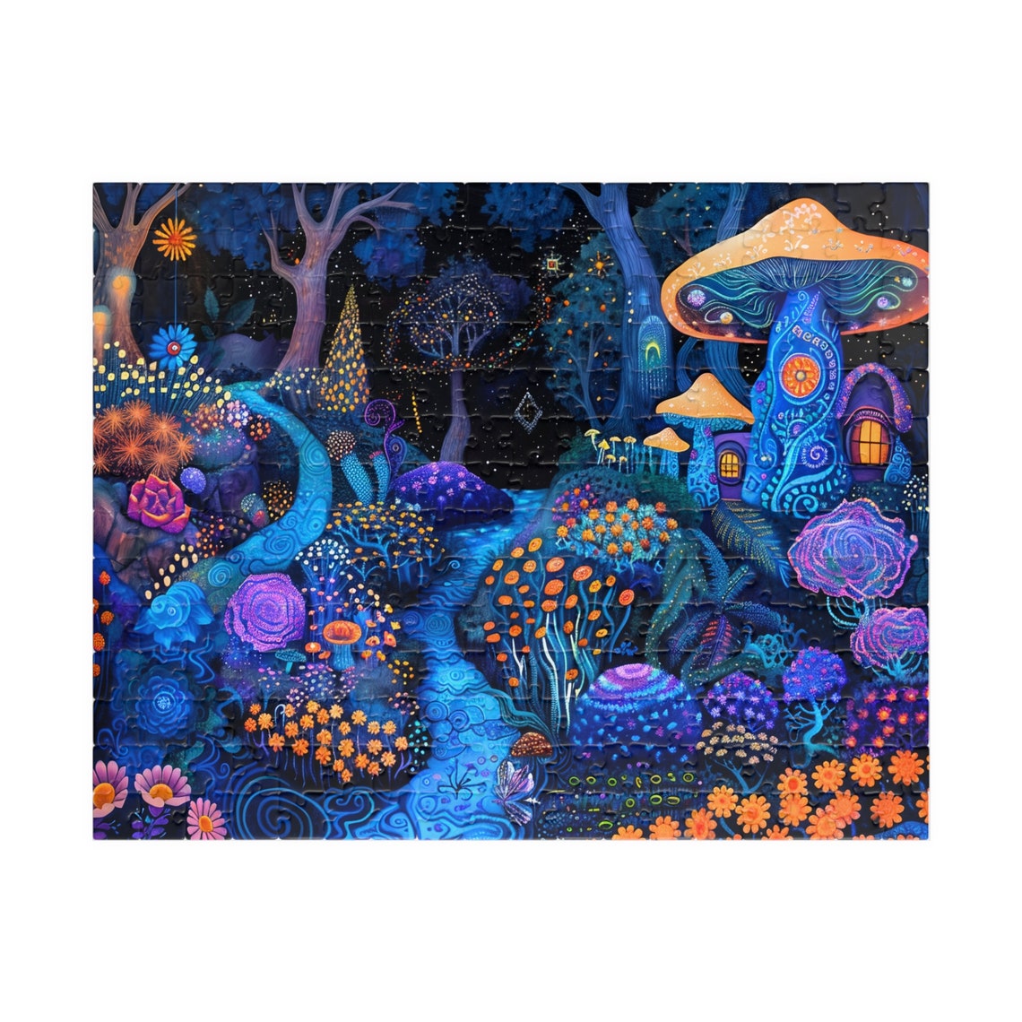 Midnight Mushroom House Glowing Forest Stream Fantasy Art Poster - Image 2