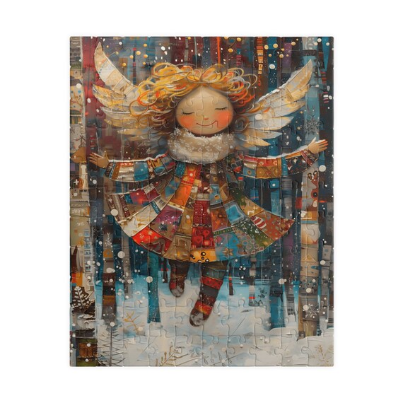 Joyful Christmas Angel Girl Patchwork Dress Snowy Night Poster