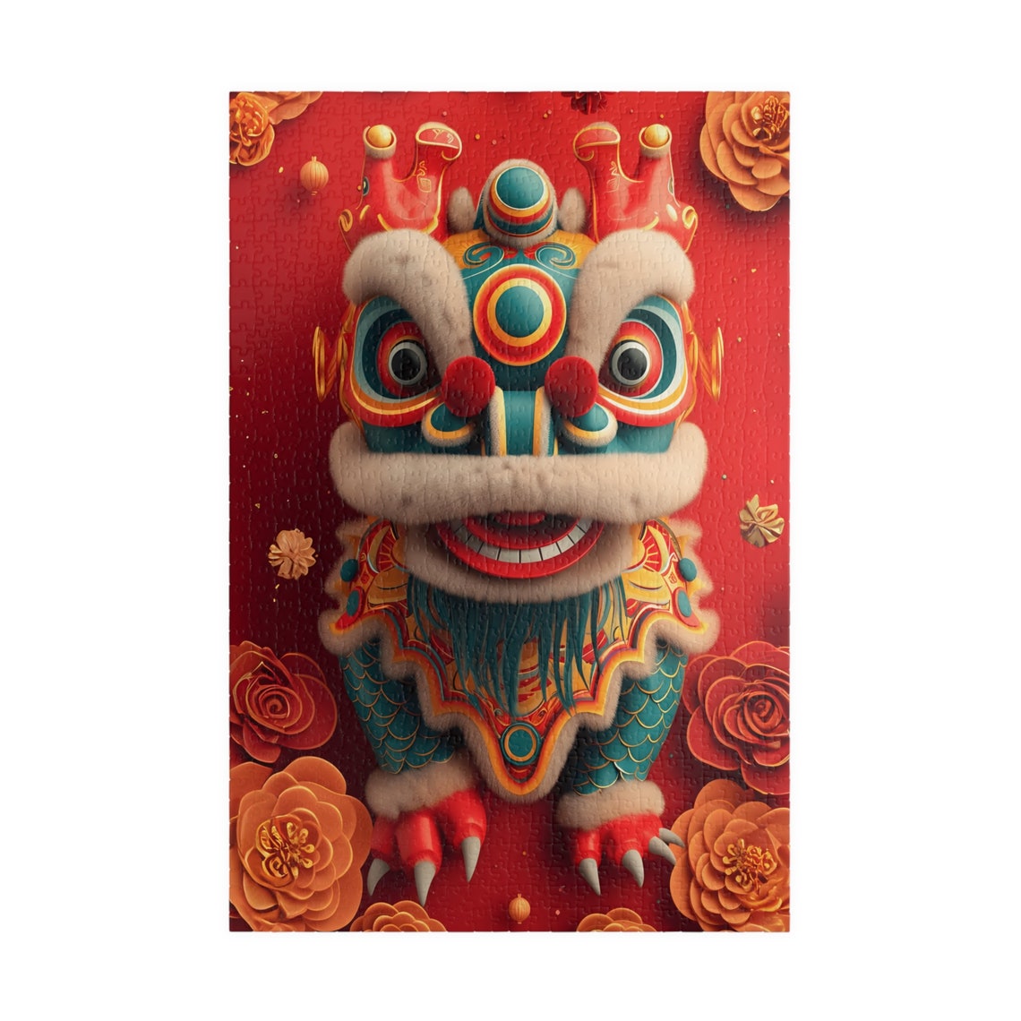 Festive Chinese Lion Dance Head on a Lucky Red Background Poster - Image 4