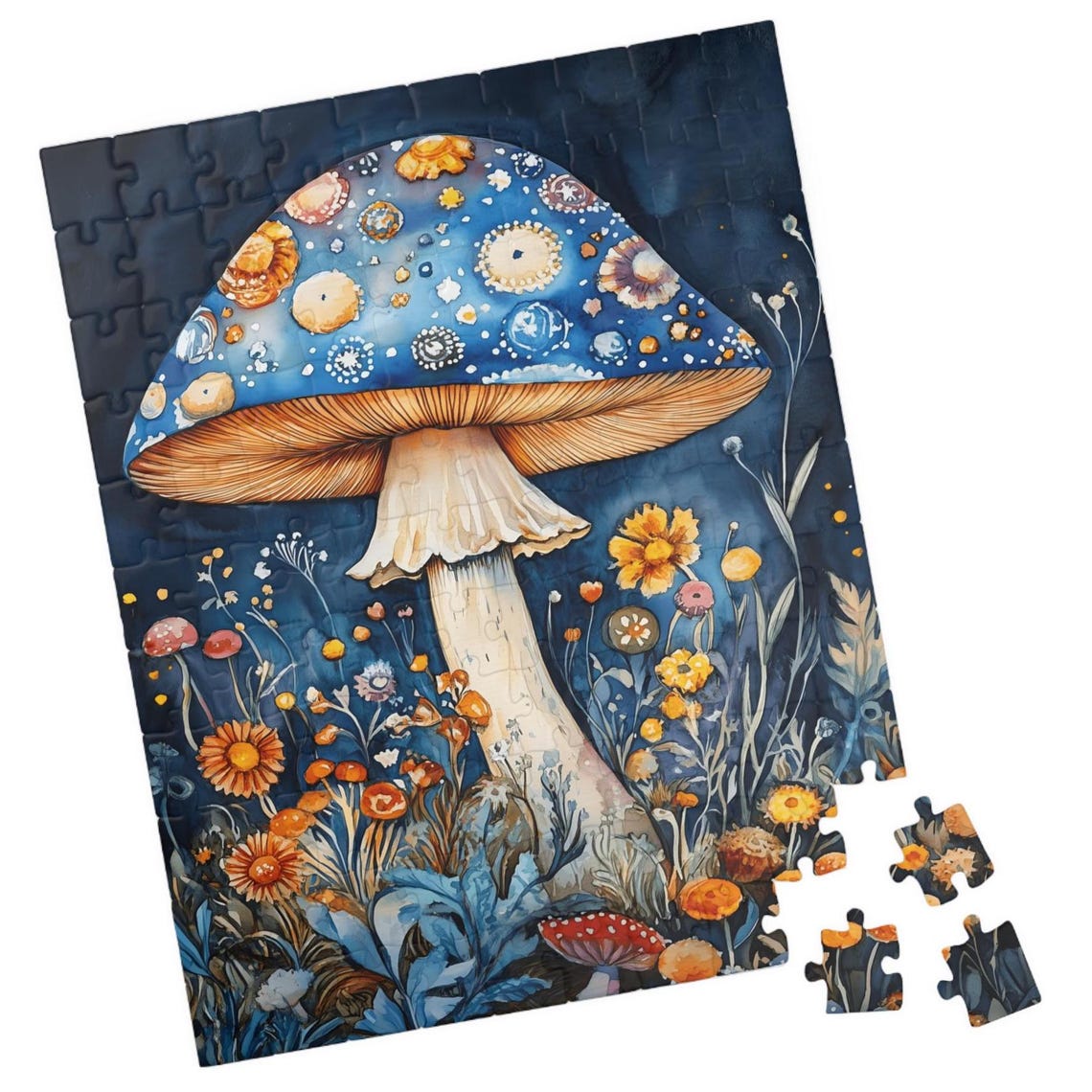 Celestial Blue Mushroom Night Garden Fantasy Jigsaw Puzzle Print