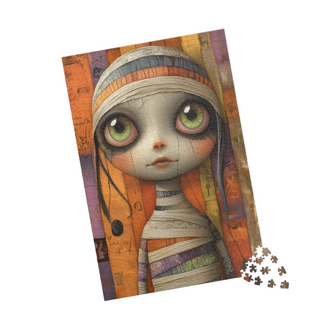 Cute Halloween Mummy Girl with Big Green Eyes Spooky Art Poster - Image 4