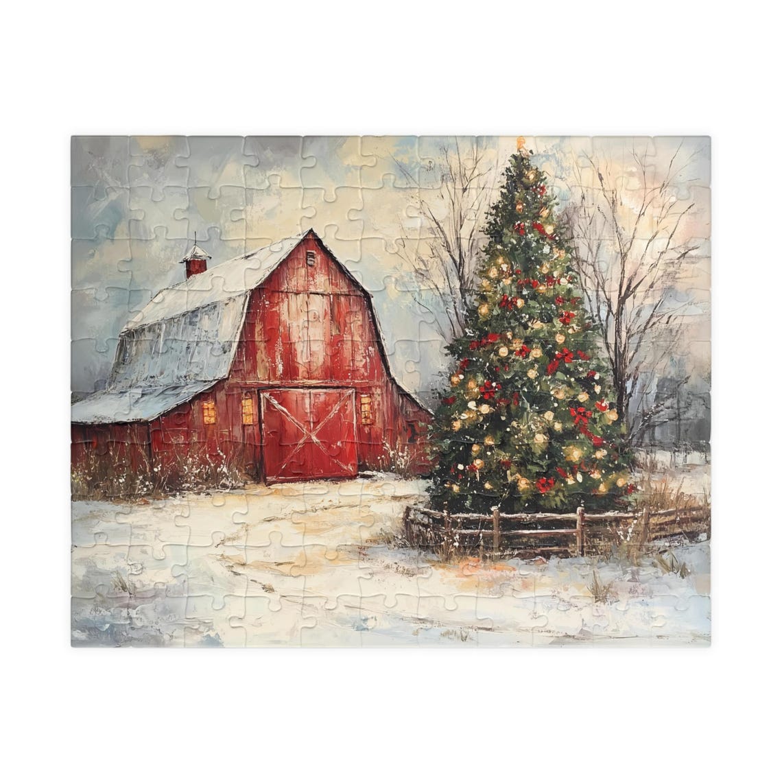 Red Barn Christmas Tree Snowy Winter Scene Jigsaw Puzzle Print - Image 5