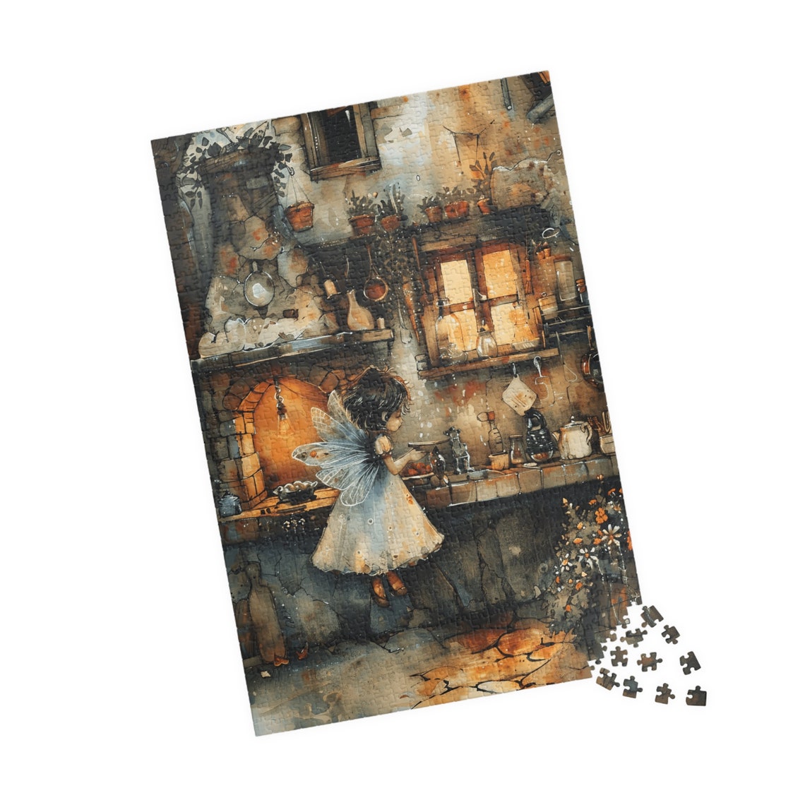 Fairy Girl in a Dark Cottage Kitchen by a Warm Glowing Hearth Print - Image 4