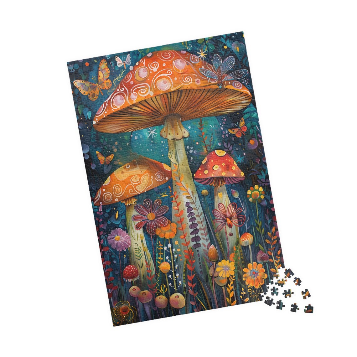 Whimsical Giant Mushrooms Butterflies Flowers Folk Night Poster - Image 4