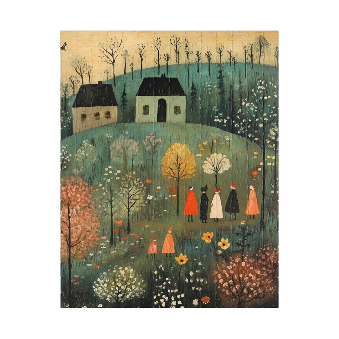 Early Spring Folk Art Village Cottages Blooming Flowers Scene Poster - Image 5