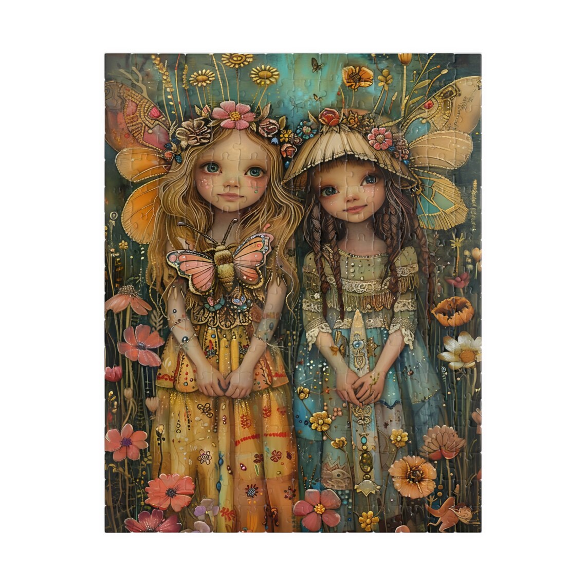 Country Fairy Girls in Wildflower Meadow Butterfly Folk Art Poster - Image 5