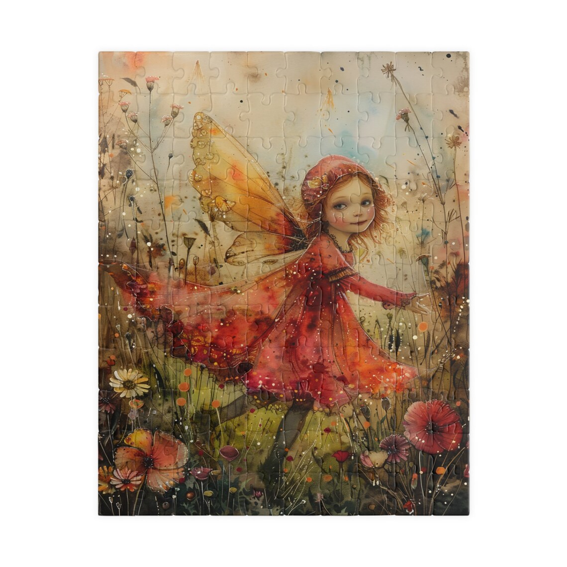 Watercolor Fairy Girl Red Dress Wildflower Meadow Art Poster - Image 2