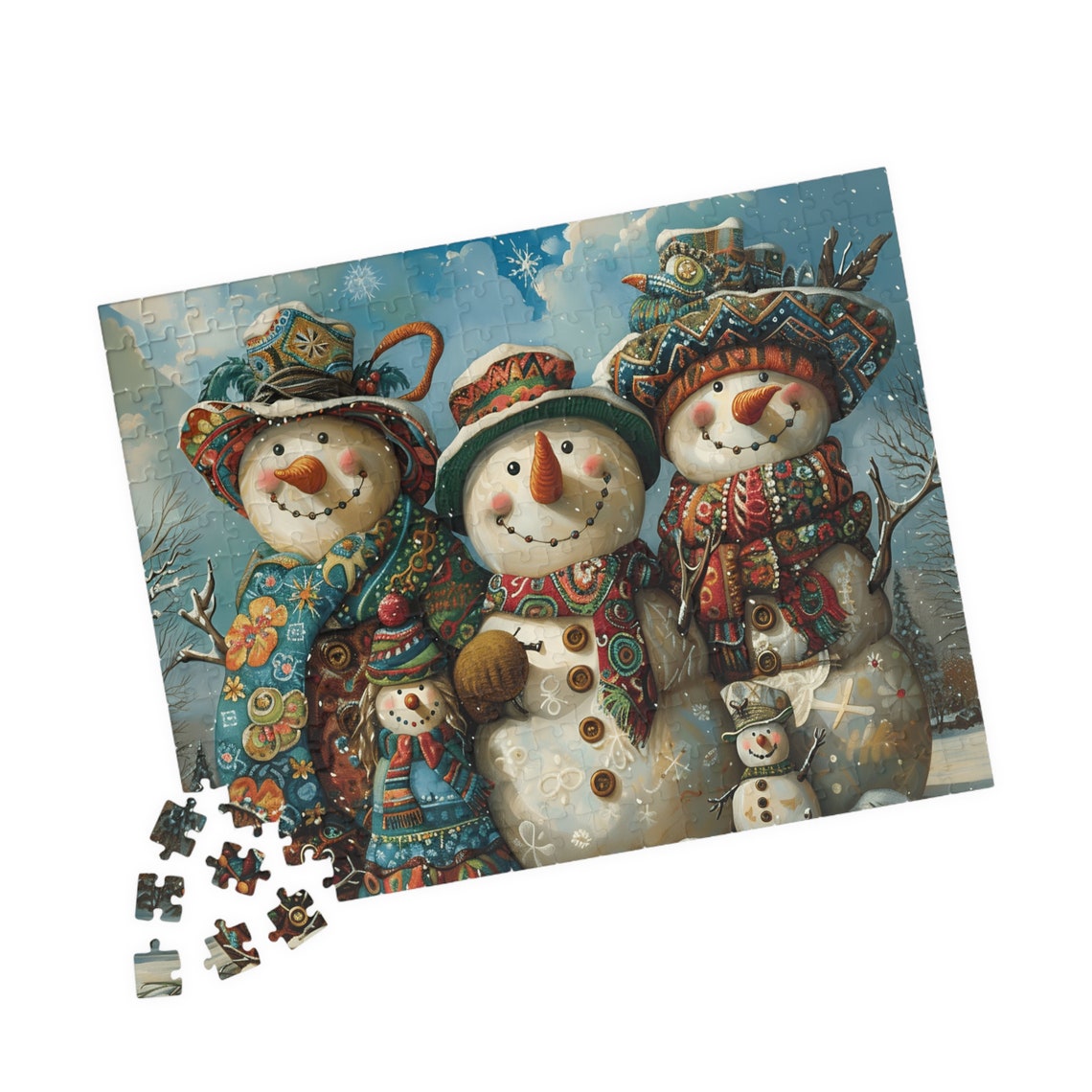 Whimsical Snowman Family Portrait in Patterned Hats and Scarves Poster - Image 2