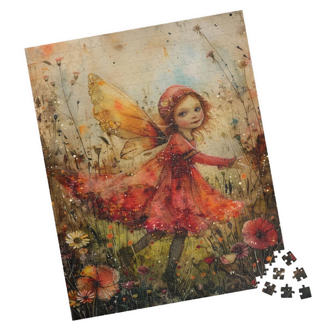 Watercolor Fairy Girl Red Dress Wildflower Meadow Art Poster