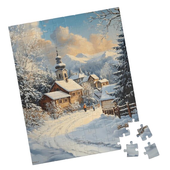 Winter Village With Wooden Church and Snowy Mountain Morning Art Poster
