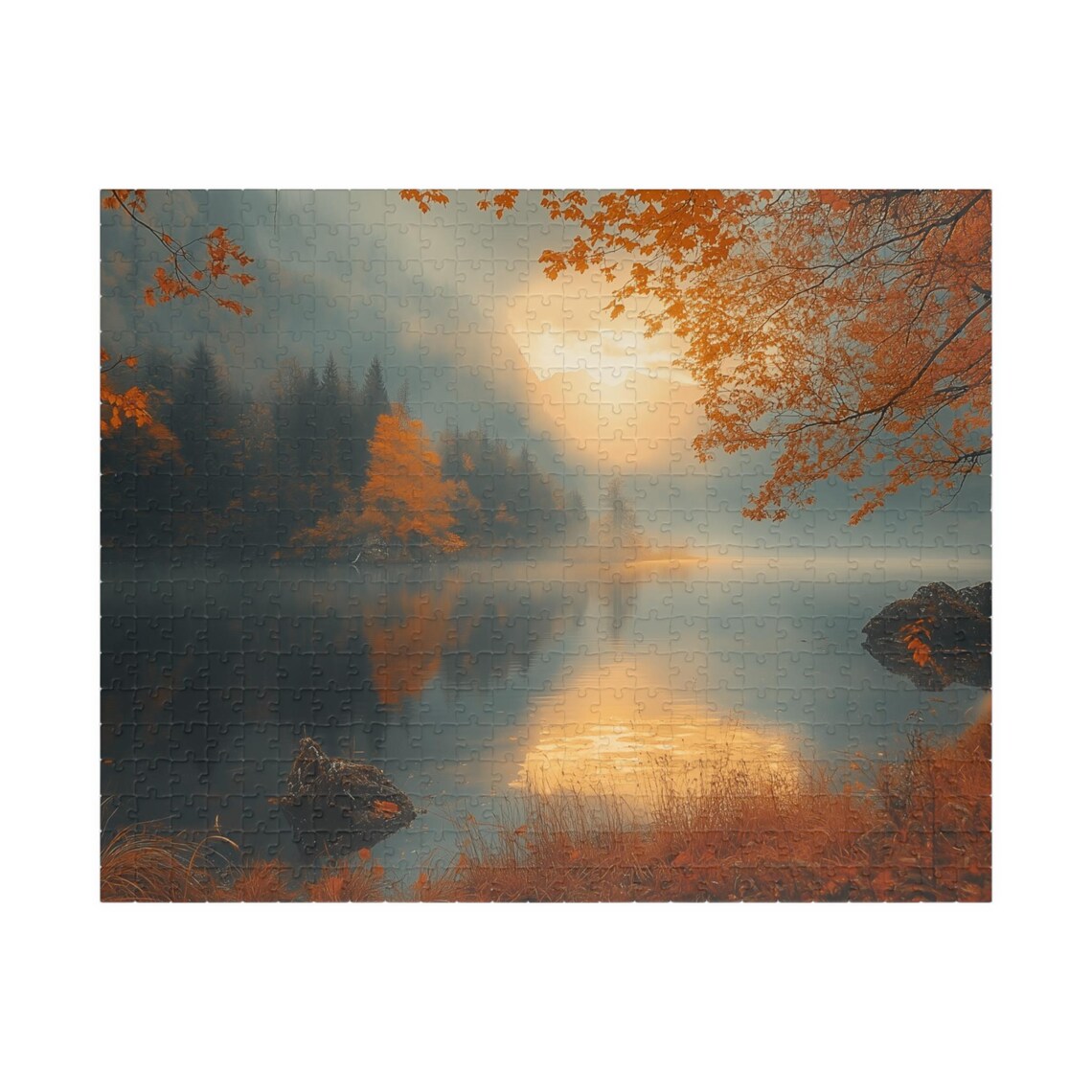 Autumn Lake at Sunset Misty Golden Reflections Landscape Art Poster - Image 2