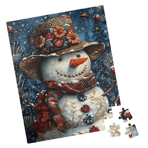 Festive Snowoman with Flower Hat and Red Scarf in Snowfall Poster