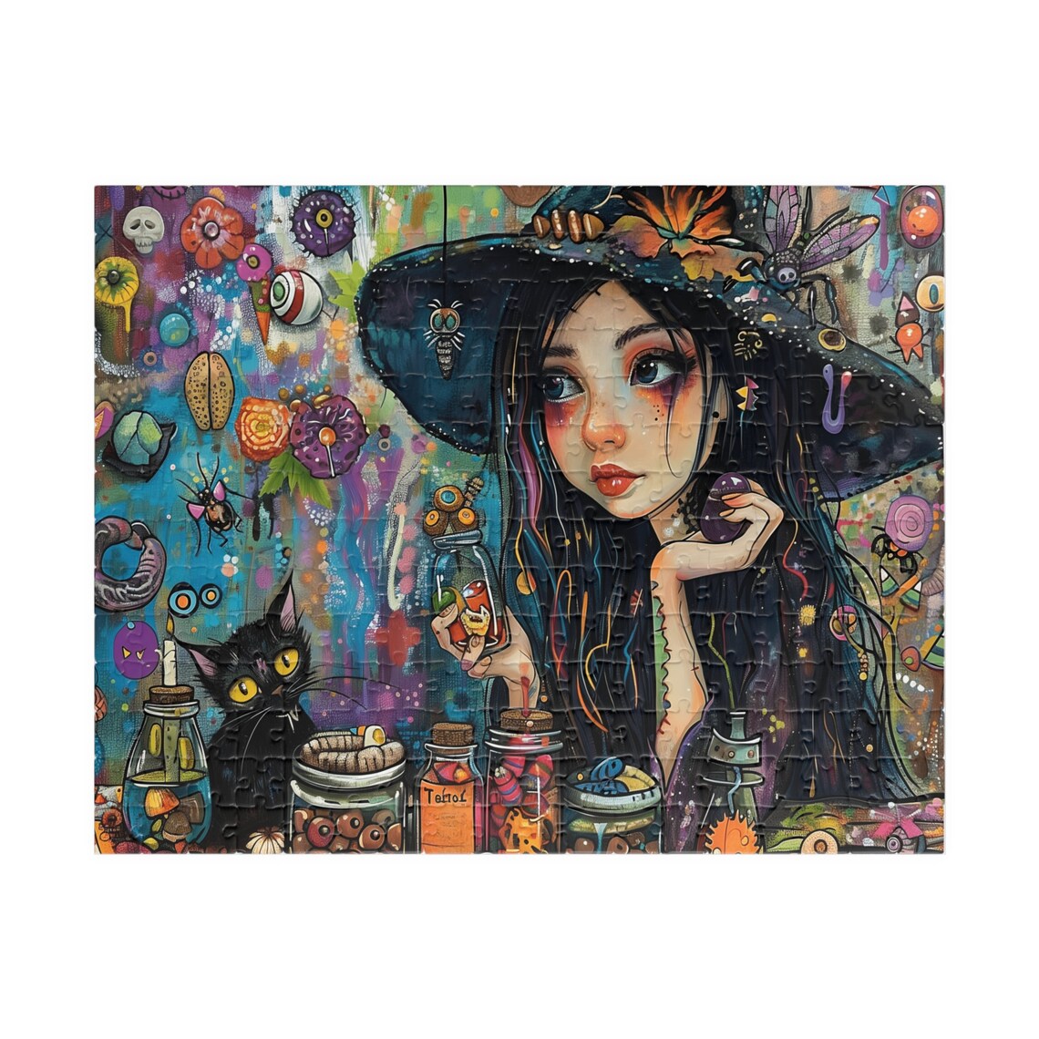 Young Witch Girl With Potion Bottles And Black Cat Halloween Art Poster - Image 3