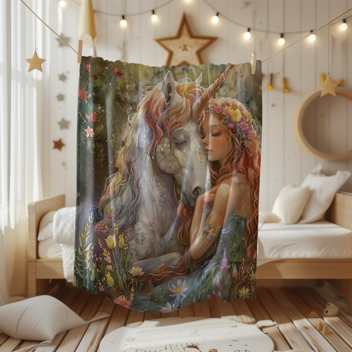 Princess Embracing Her Unicorn in a Flower Meadow Fantasy Poster