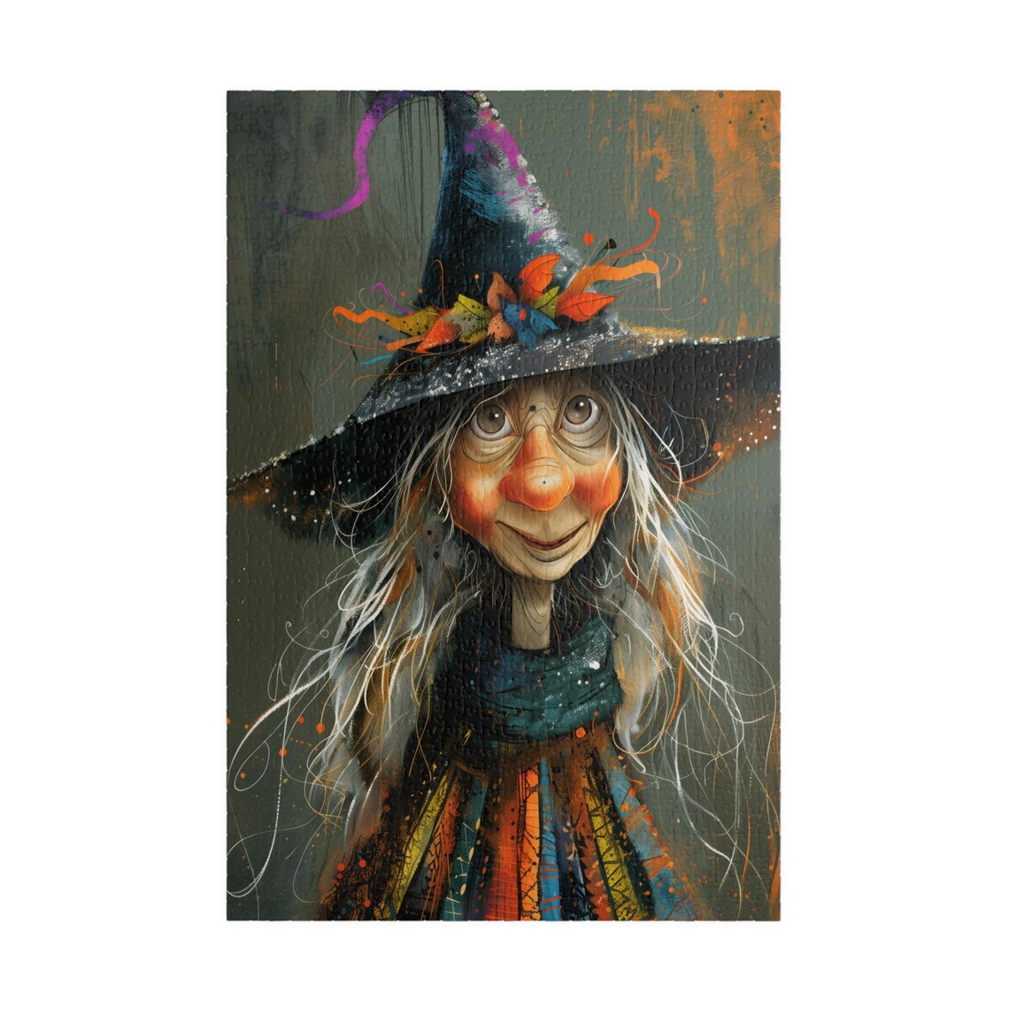 Folk Art Witch Helga in an Autumn Leaves Hat Halloween Poster - Image 3