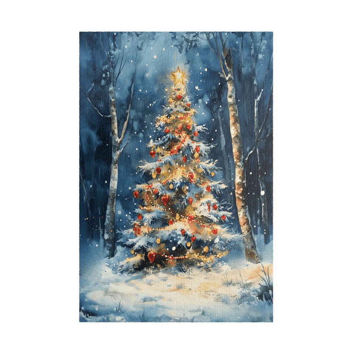 Glowing Christmas Tree In A Moonlit Birch Forest Watercolor Poster - Image 3