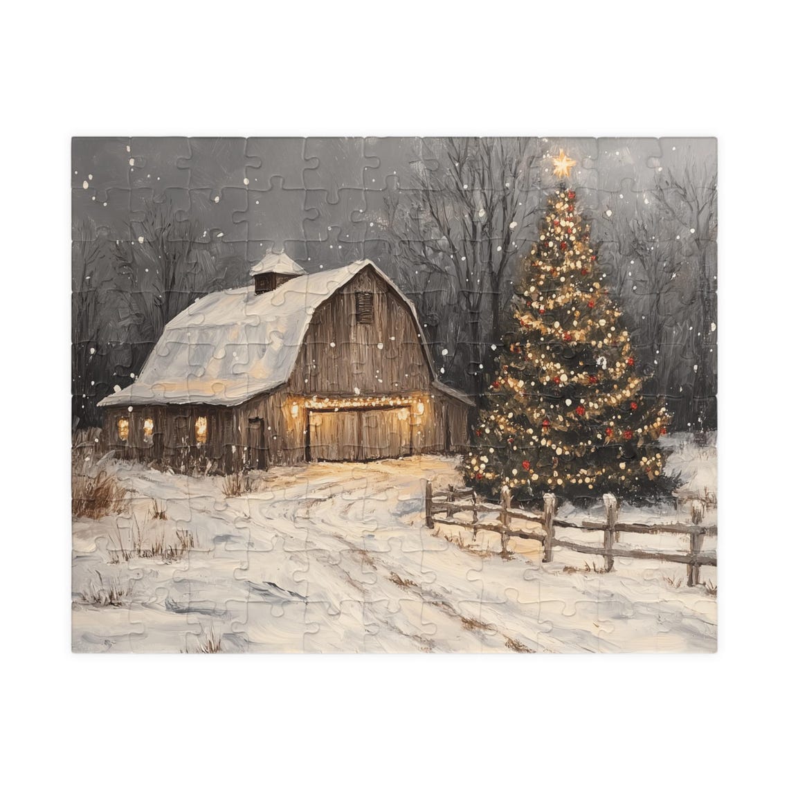 Snow Covered Barn Beside A Glowing Christmas Tree Winter Night Print - Image 5