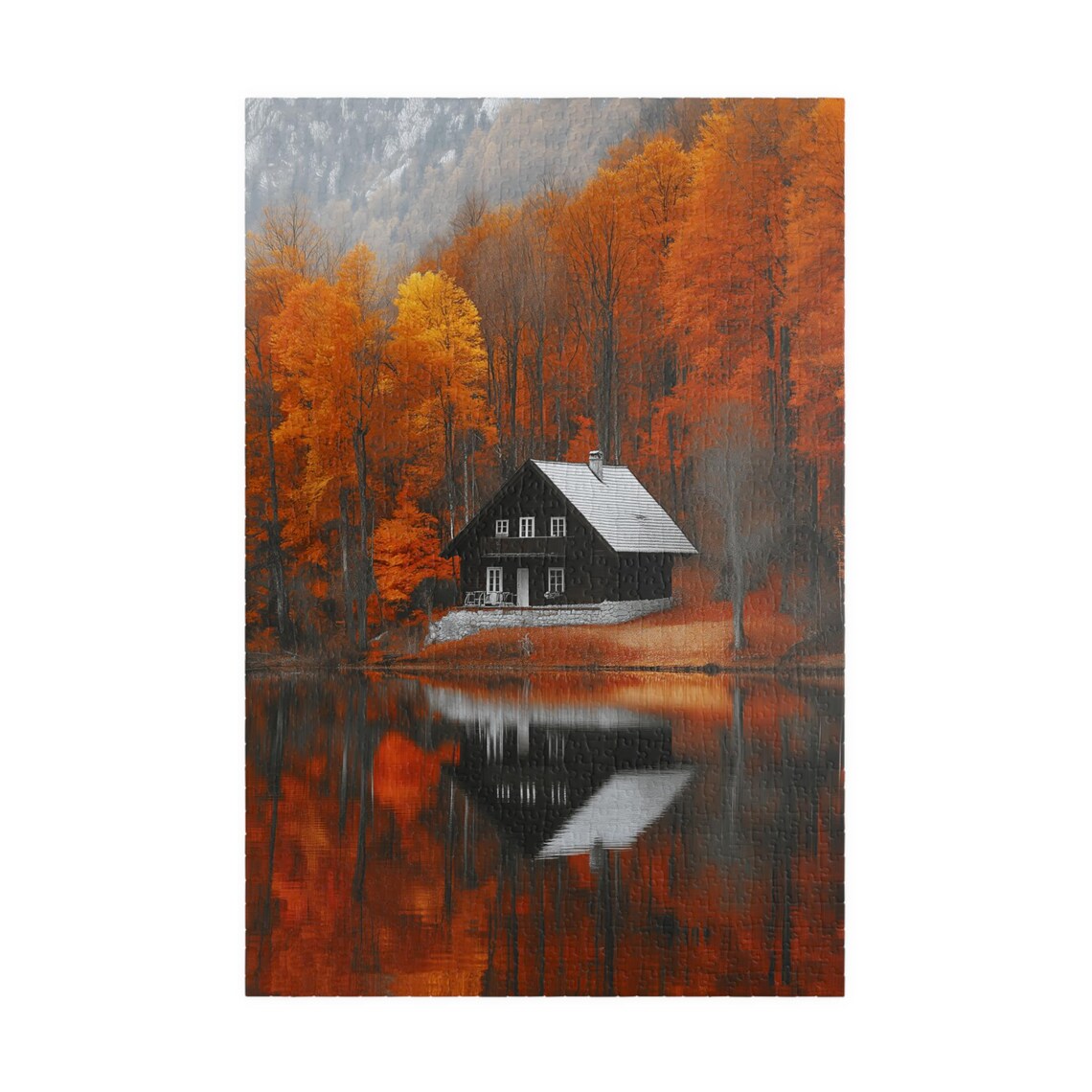 Lakeside Cottage in Autumn Reflected in Still Lake Orange Trees Poster - Image 3