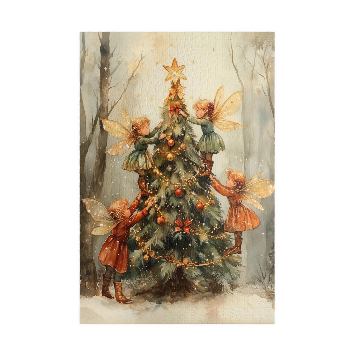 Fairies Decorating A Christmas Tree Watercolor Art Print - Image 3